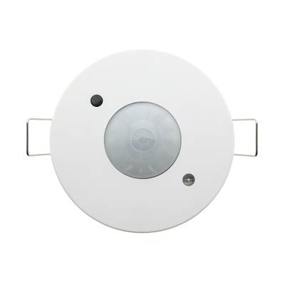 Sensor de movimiento de iluminación LED montado en el techo: blanco, con lente central, dos soportes laterales para una colocación segura; mejora el control inteligente de la iluminación.