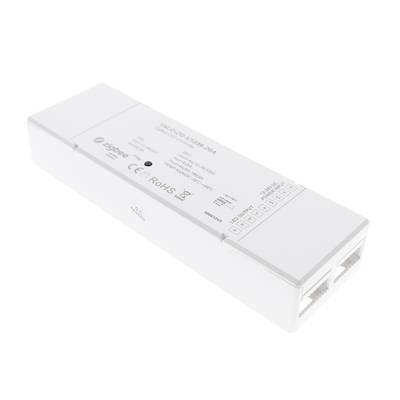 Conmutador Ethernet rectangular con puertos etiquetados y dos interfaces Ethernet visibles, ideal para la gestión en red de la iluminación LED.