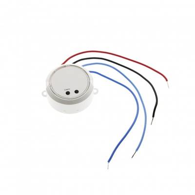 "Pequeño sensor LED redondo blanco con cables rojo, negro y azul sobre fondo blanco liso para iluminación SEO.