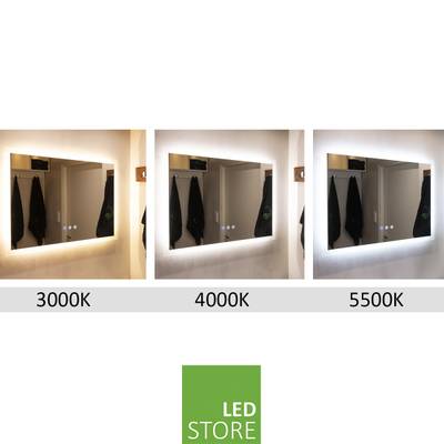Tres espejos con luces LED: 3000K cálido, 4000K neutro y 5500K frío. Abajo se muestra el logotipo de la tienda de iluminación LED.