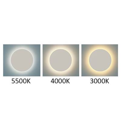 Tres círculos que representan efectos de iluminación: 5500K blanco frío, 4000K blanco neutro y 3000K blanco cálido sobre fondo gris; comparación de iluminación LED.