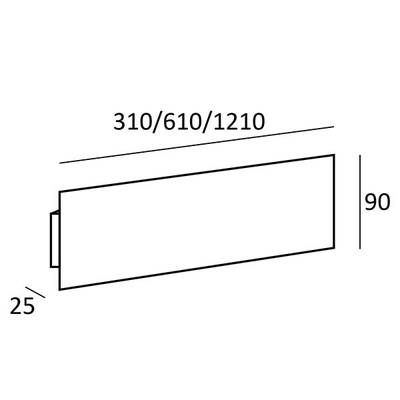 "Diagrama rectangular para iluminación LED: opciones de longitud 310/610/1210, anchura 90, profundidad 25. Ideal para instalaciones de iluminación de precisión.