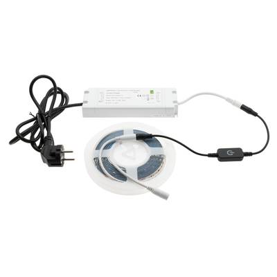 Kit de iluminación LED, fuente de alimentación, módulo de control, cable de alimentación y tira de LED en espiral sobre fondo blanco.
