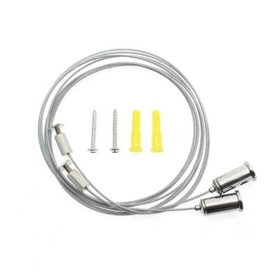 Cable de suspensión de acero con ganchos metálicos, tornillos y anclajes para el montaje de una luminaria LED en color blanco.