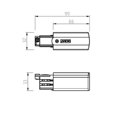 Dibujo técnico del componente eléctrico de una luz LED, dimensiones 99x32x33mm. Detalles marcados con vista lateral para mayor claridad.