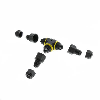 Conectores y racores desmontables de plástico negro y amarillo con fondo blanco, ideales para instalaciones de iluminación LED.