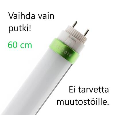 Tubo de luz LED con cinta verde, 60 cm. Instalación sencilla, sin modificaciones. Texto en finlandés: "¡Sólo hay que cambiar el tubo!