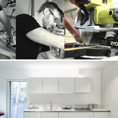 Tres imágenes: instalación de iluminación en un lugar de trabajo, aserradero bajo luces LED, cocina iluminada con lámparas de techo.