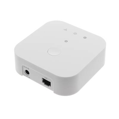 Concentrador doméstico inteligente blanco de forma cuadrada con cuatro iconos superiores y puertos laterales para LAN y fuentes de alimentación, ideal para una integración perfecta de la iluminación LED.
