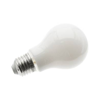 Lámpara incandescente con base blanca metálica, que representa las opciones de iluminación tradicionales. Descubra las opciones LED en nuestra tienda.