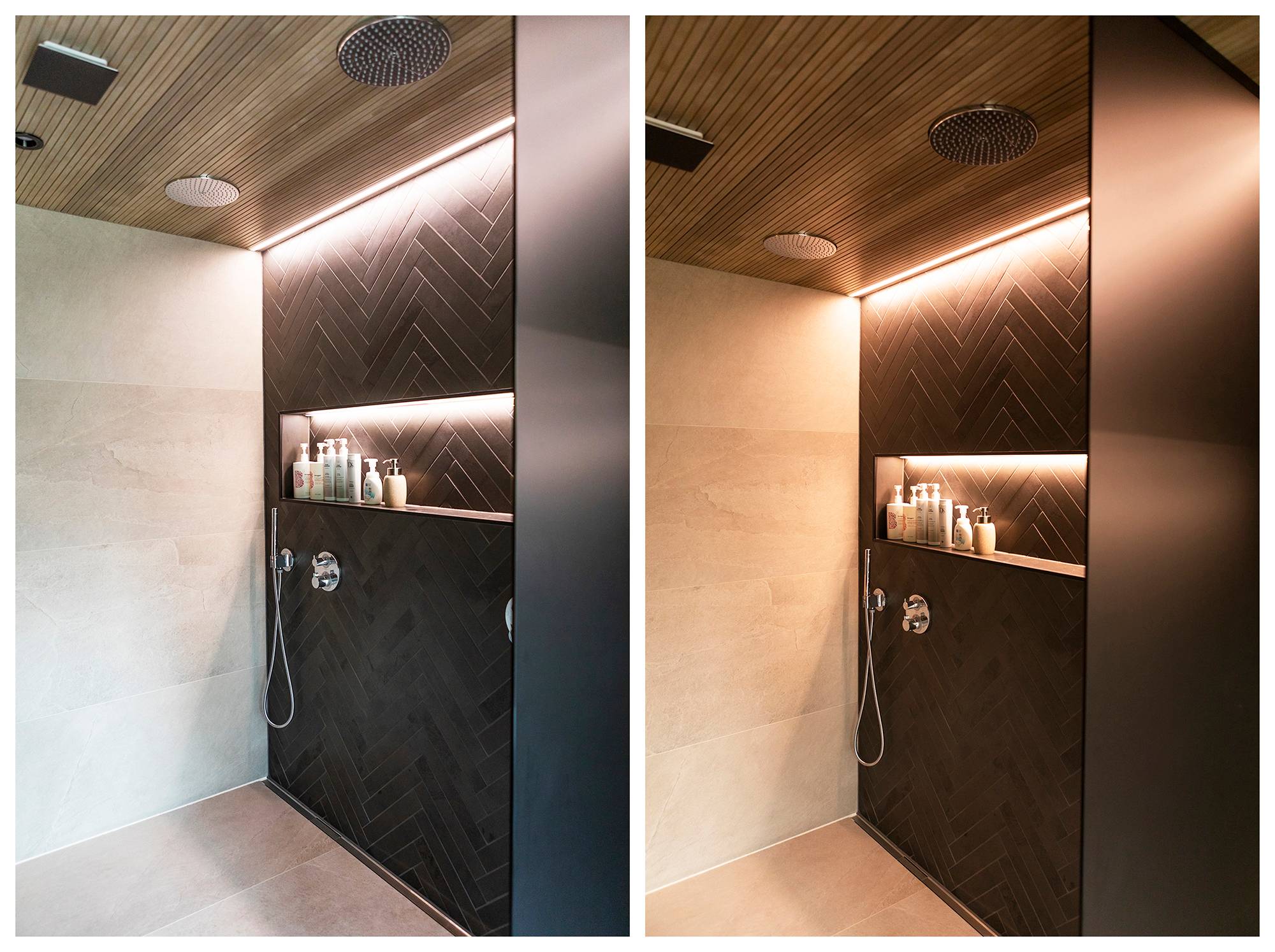 Una espectacular pecera y un estante para champú en el baño se acentúan con una cinta LED