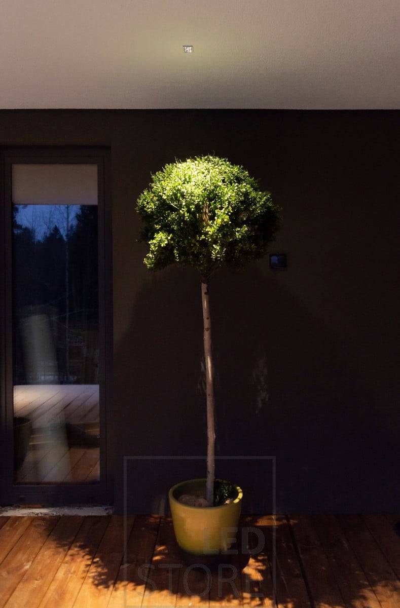 Foco de exterior LINJA 2 en el techo de la terraza. Acentúa e ilumina las plantas de exterior y crea una luz atmosférica en la terraza. Ledstore.fi