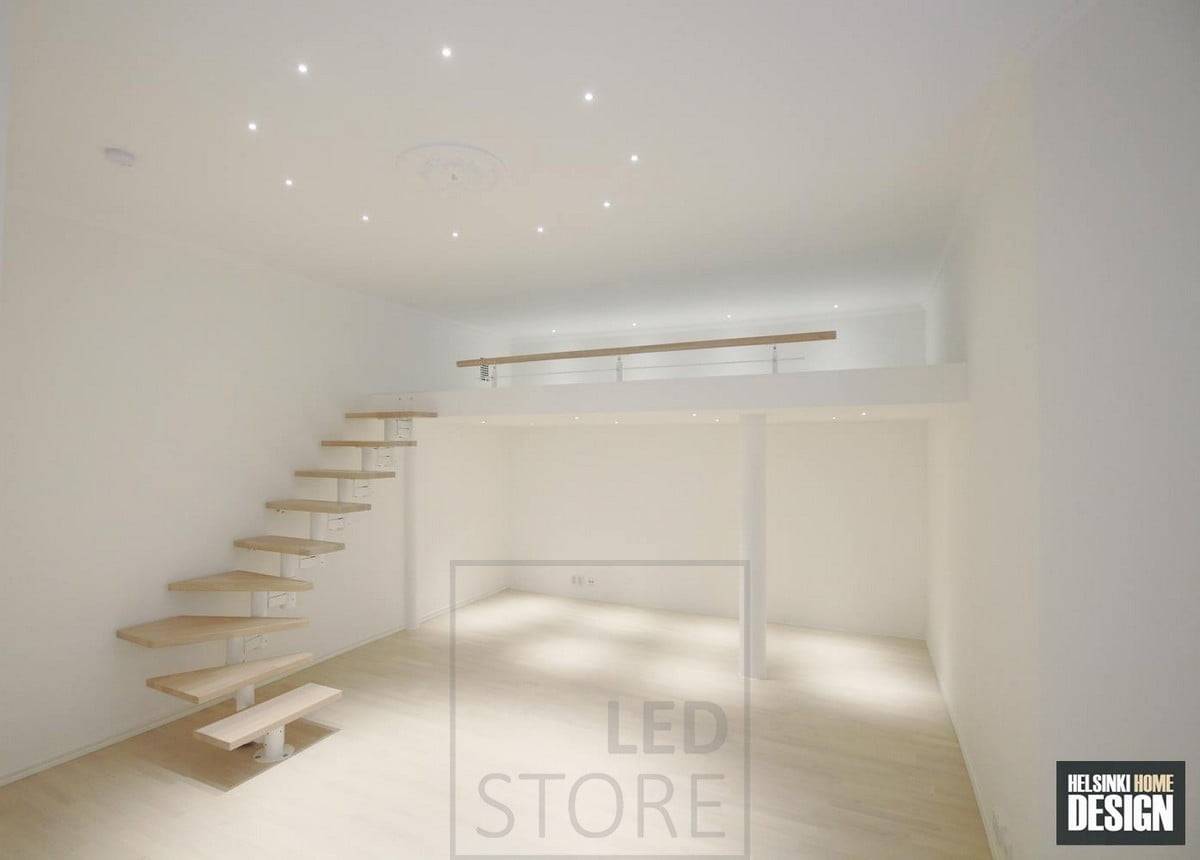 La colocación decorativa de los focos Led ilumina el rebaño por encima y por debajo y en el centro del espacio. El círculo en el centro del espacio también resalta la posición de la lámpara colgante. Ledstore.fi