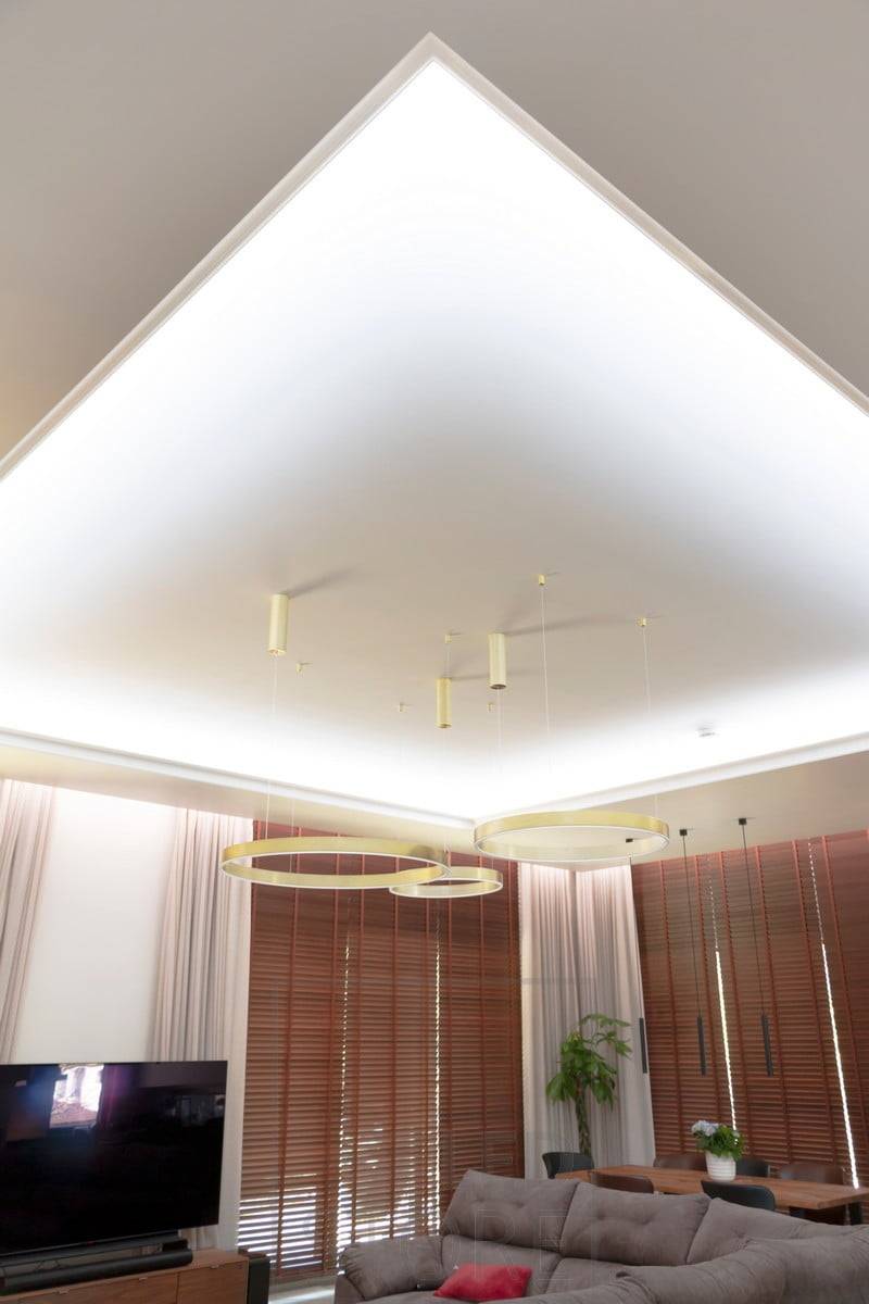 Cinta de leds en pinza desplegable alrededor del salón, dirigida hacia el techo, creando un hermoso dosel de luz. Ledstore.fi