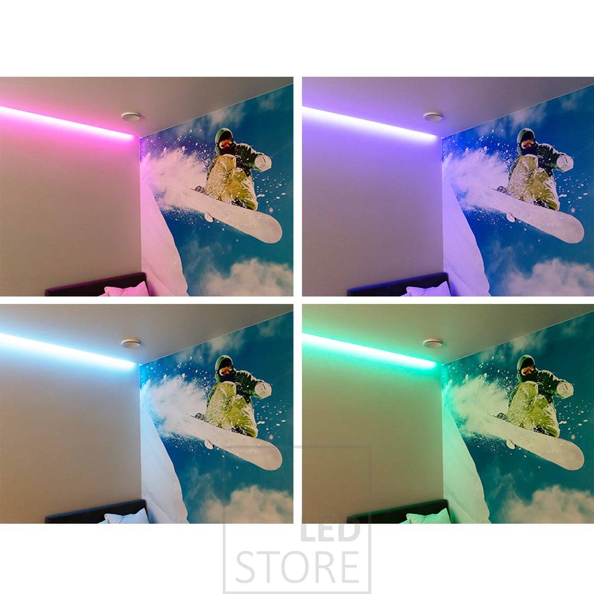 Iluminación ambiental personalizable con tira de leds RGB+W, los colores de la luz se pueden ajustar continuamente con control por cable o inalámbrico. Ledstore.fi