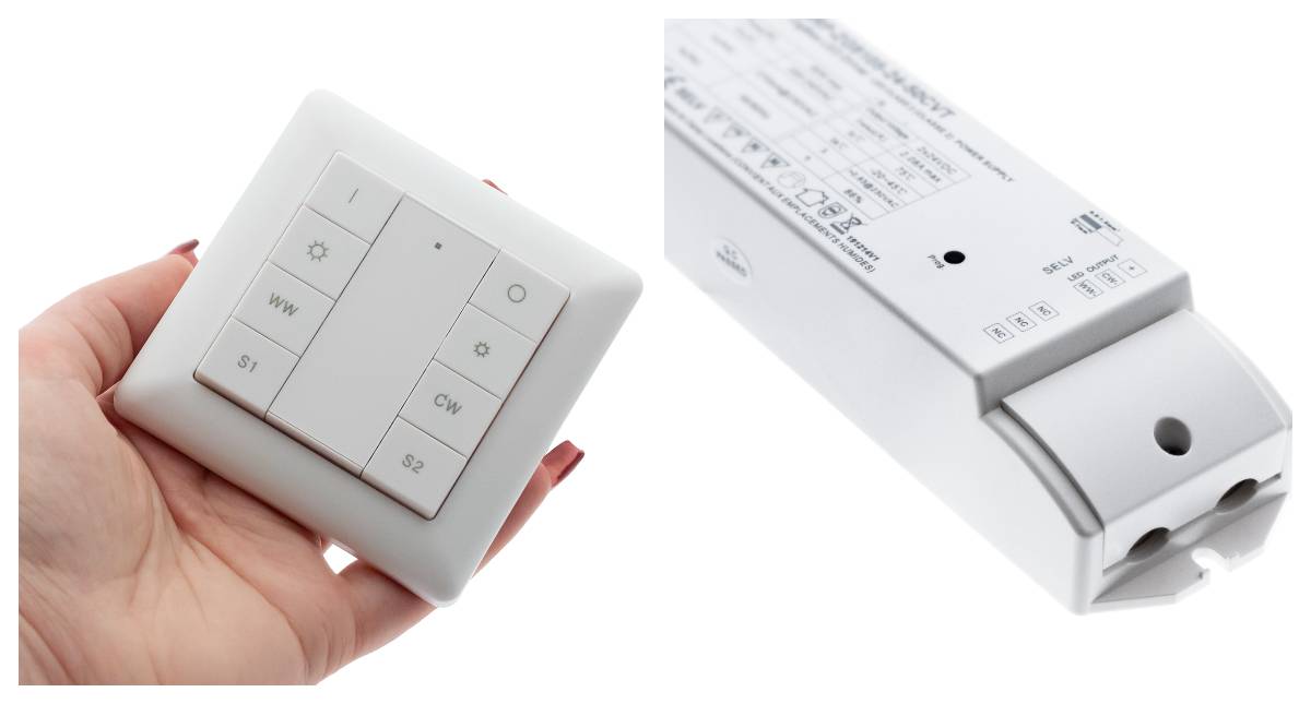 Transformador y controlador adecuados para luminarias LED empotradas en el cuarto de baño con control de la temperatura del color y regulación de la intensidad luminosa