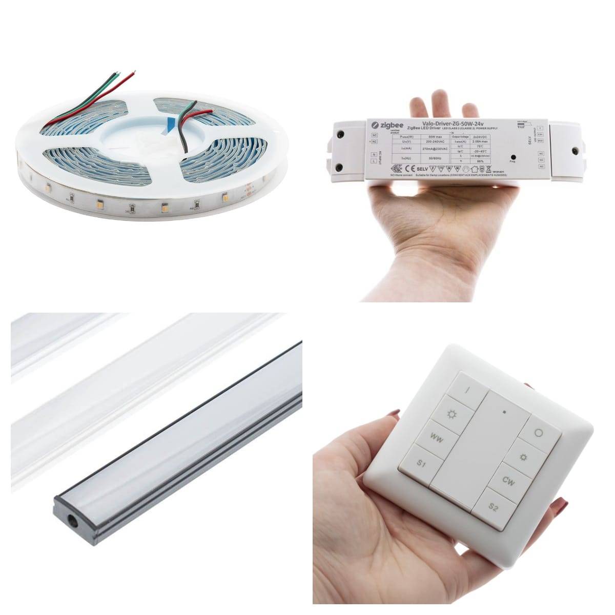Luminarias led collage de cuatro imágenes: tira led de control inalámbrico, perfil de aluminio plastificado negro, transformador y controlador inalámbrico