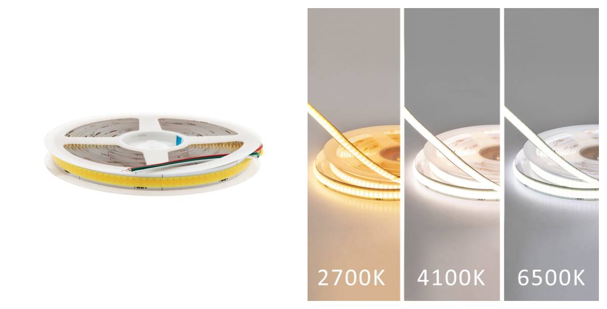 Tira de leds COB en tonos de luz blanco cálido, neutro y frío.