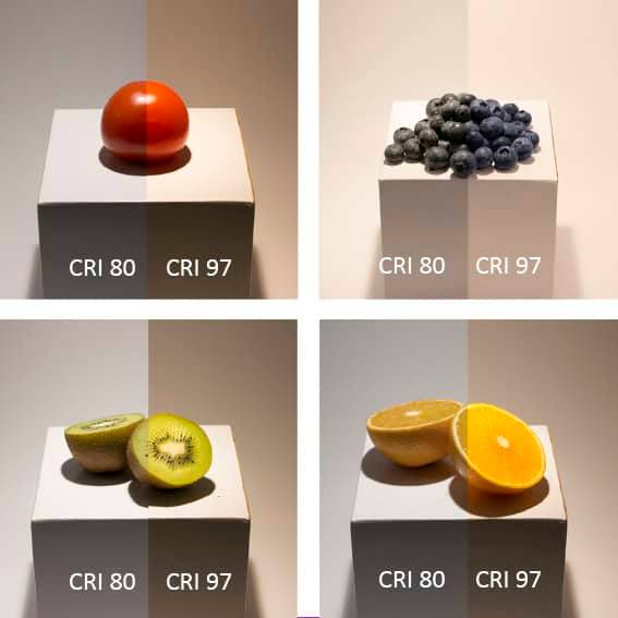 El efecto de un buen índice de reproducción cromática sobre el color de la fruta.