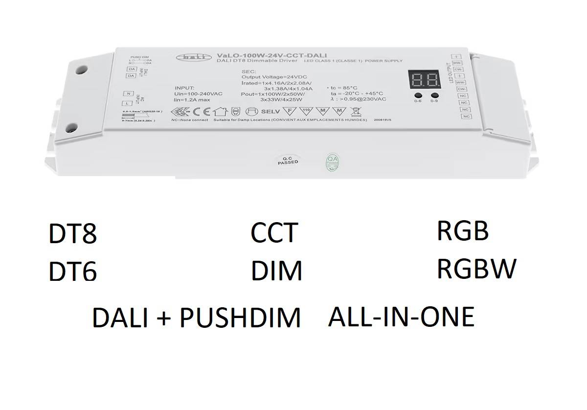 Un potente controlador de LED blancos con funciones DALI avanzadas DT8, CCT, RGB, DT6, DIM, RGBW y DALI+PUSHDIM.
