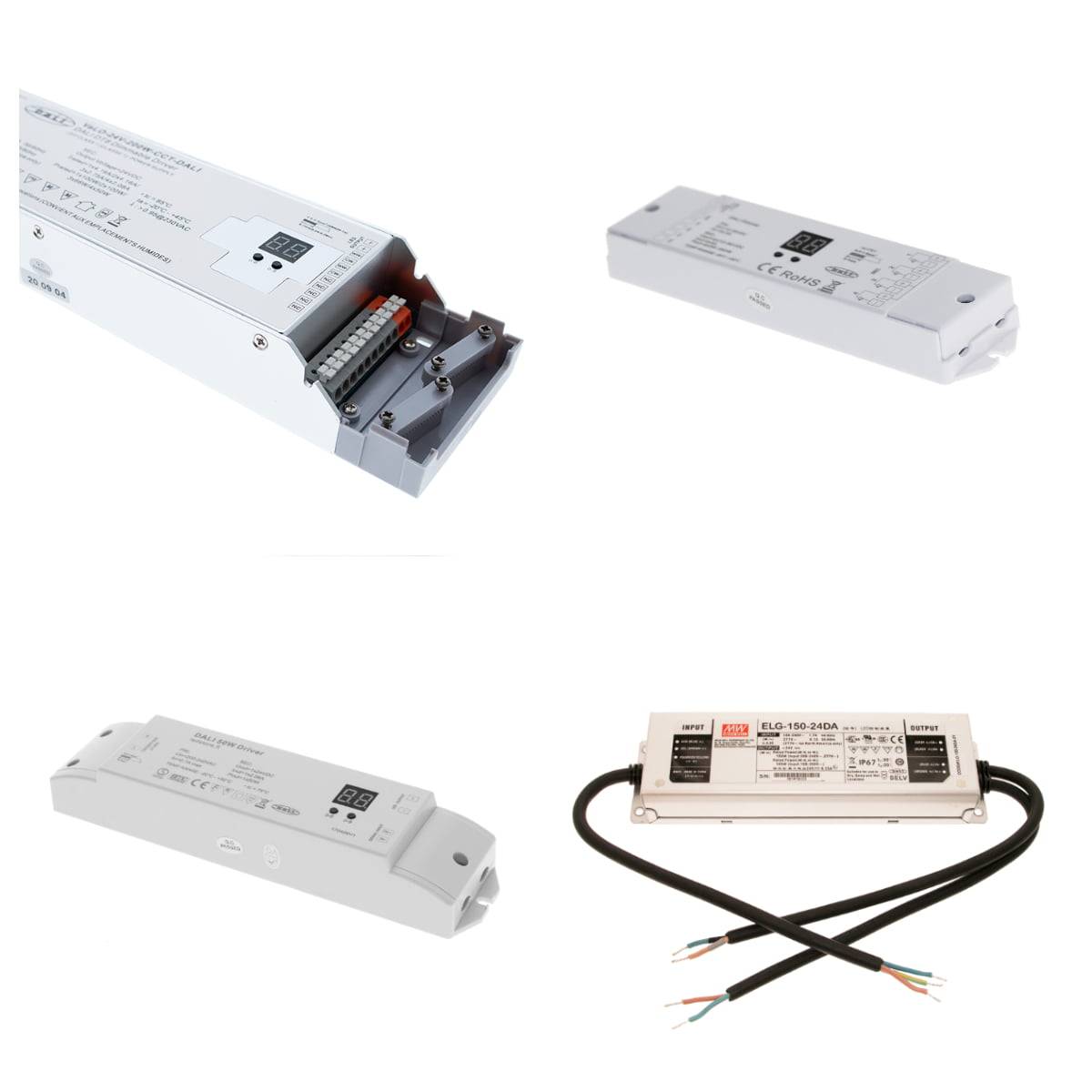 Transformadores DALI2, adecuados para programar en free@home luminarias monocromáticas regulables, spots, tiras y paneles regulables en temperatura de color o tiras de LED RGB regulables en color, según el tipo.