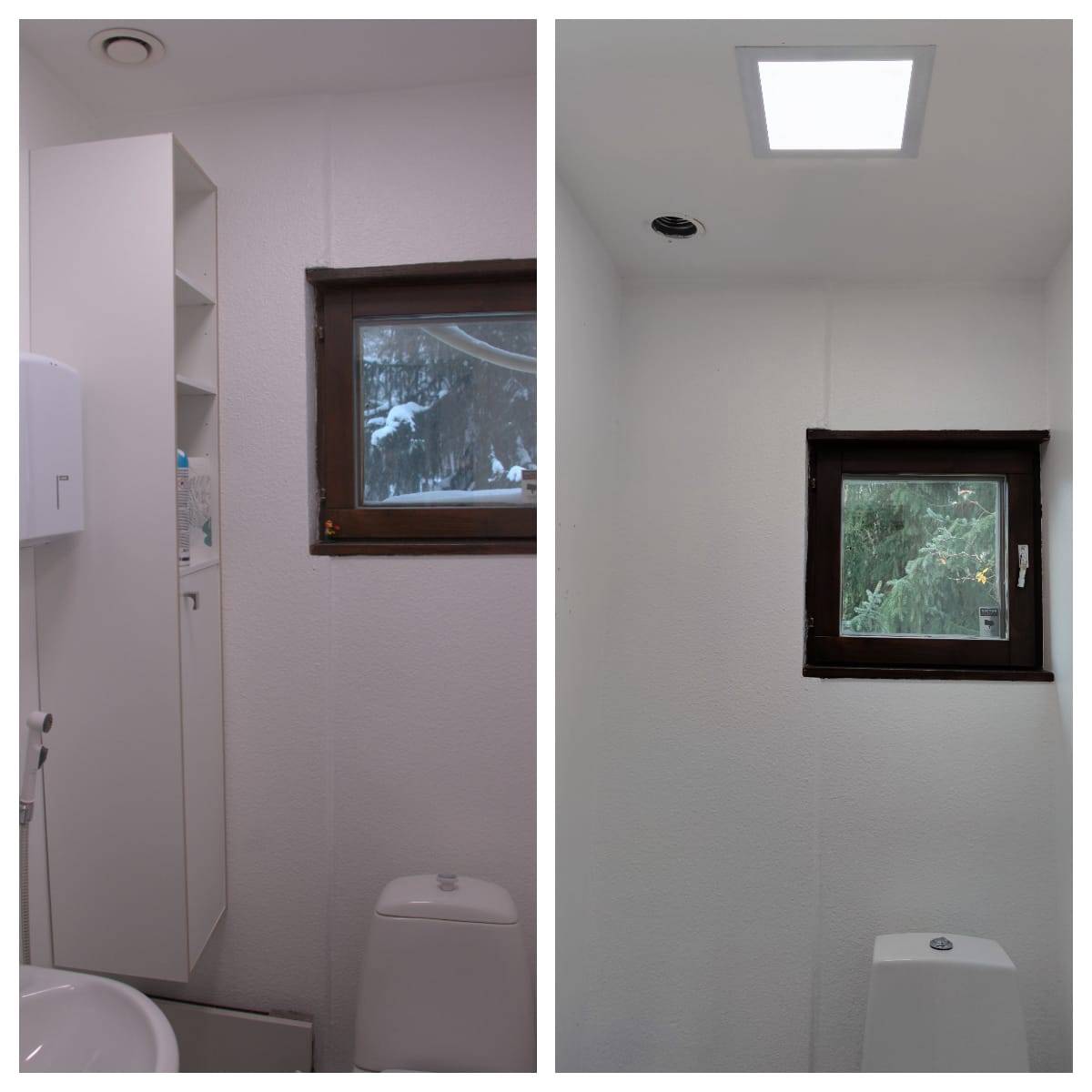 Antes de la renovación, el aseo estaba un poco apagado e iluminado por un único panel LED.