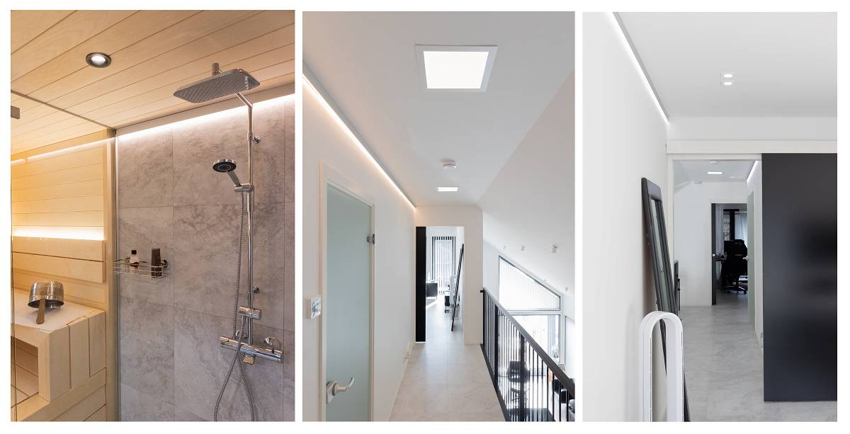 Iluminación general, luz indirecta en techo con perfil tira led, paneles led y focos led