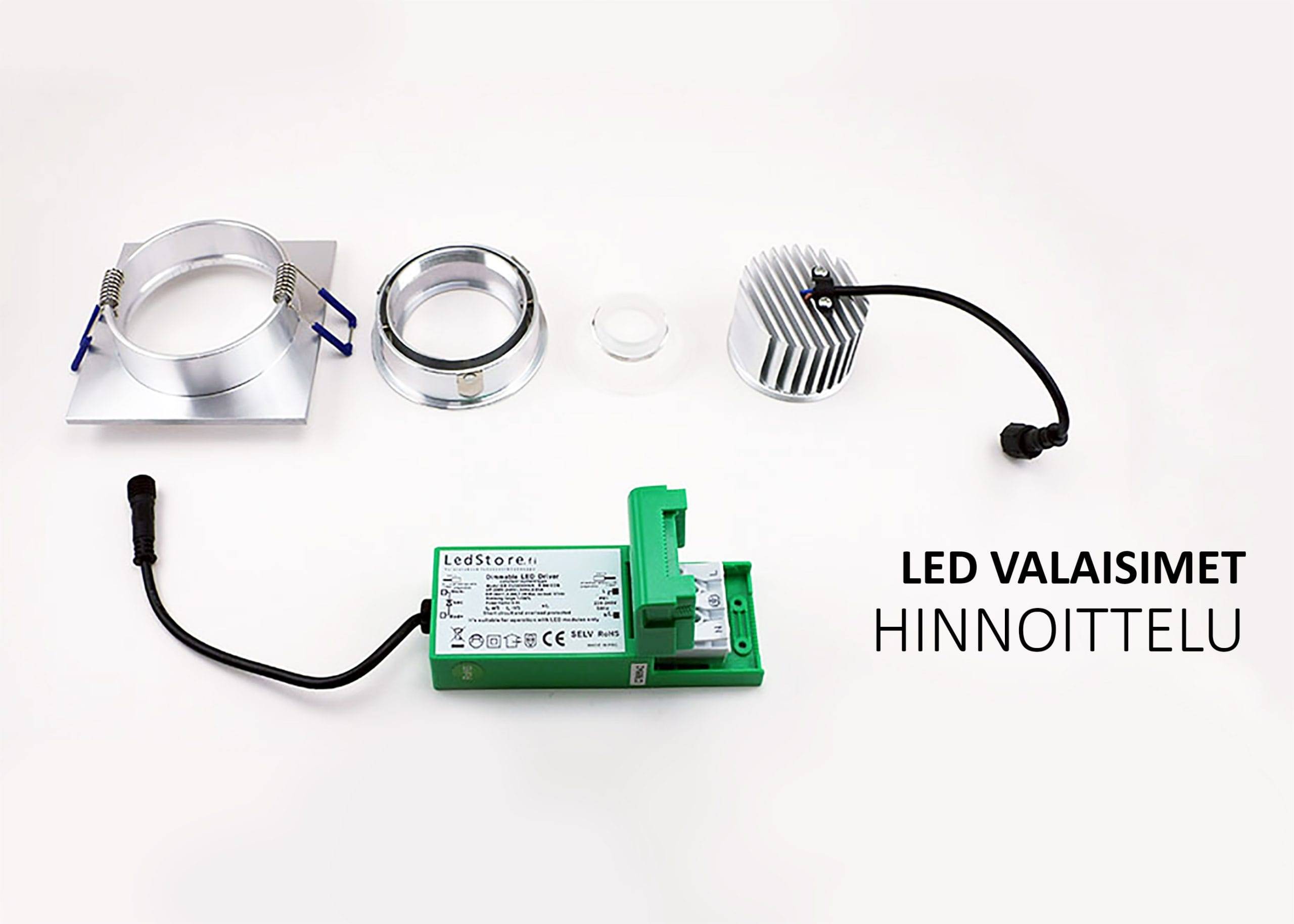 Disposición de los componentes de la iluminación LED: soporte, lente circular, disipador térmico con cable, fuente de alimentación. Texto: "PRECIOS DE LAS LUCES LED". Ideal para proyectos LED.