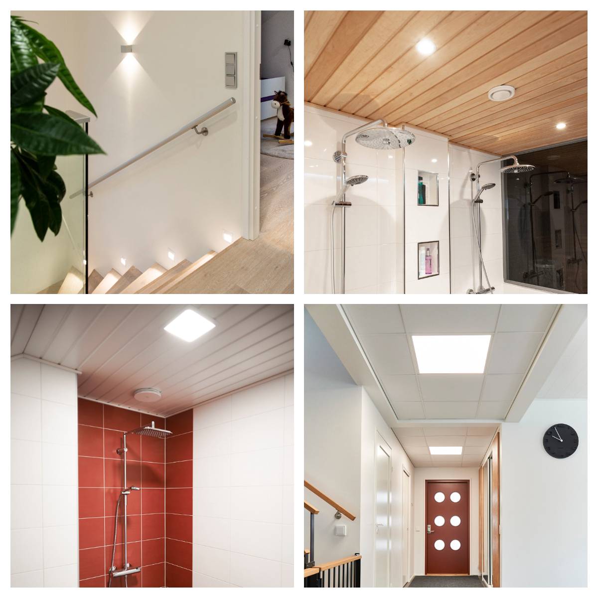 Las luces regulables TRIAC incluyen apliques, paneles de luz empotrados y pequeños focos LED empotrados. Las aplicaciones incluyen pasillos, baños, vestíbulos, salones y dormitorios. 