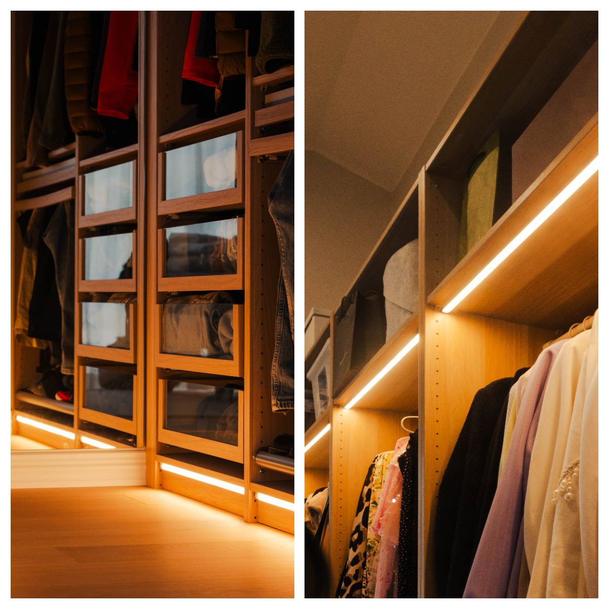 copyright LedStore.fi Consejos para la iluminación de armarios. La cálida iluminación con tiras de LED crea un ambiente acogedor en los estantes de un armario de tonos madera. copyright LedStore.fi