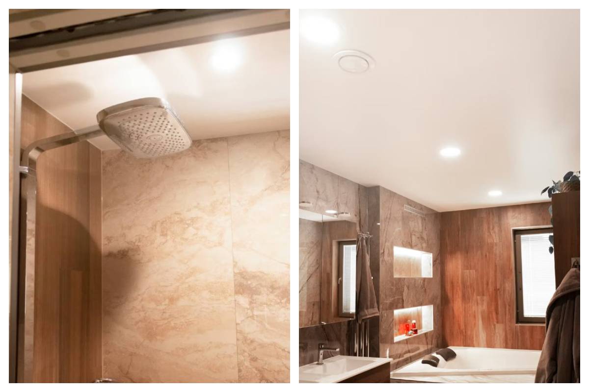 Vista dividida de un moderno cuarto de baño en Kaitamäki, Espoo: a la izquierda, una elegante zona de ducha; a la derecha, una bañera, un lavabo y un esquema de iluminación cuidadosamente diseñado que crea un ambiente acogedor para toda la familia. Las lámparas de bajo consumo de LedStore.fi completan el aspecto moderno.