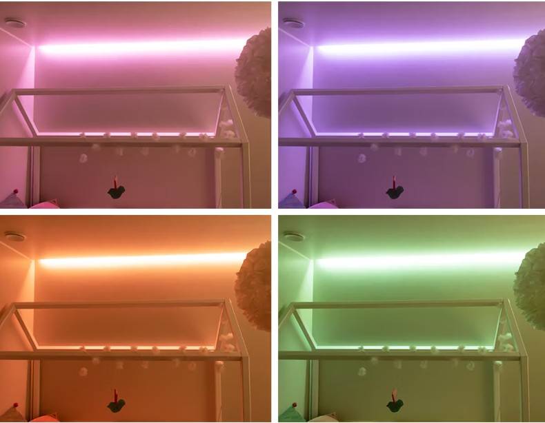 En una casa familiar de Kaitamäki, Espoo, el armazón de la cama está iluminado con una solución de iluminación compuesta por tiras de LED de LedStore.fi, que produce tonos atmosféricos de rosa, violeta, naranja y verde.