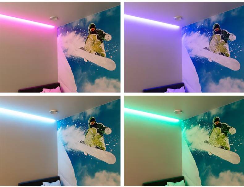 Un mural con temática de snowboard, animado por las luces LED de LedStore.fi en colores intercambiables -rosa, morado, azul y verde- crea un espectacular y dinámico esquema de iluminación en la casa de una familia de Espoo, en Kaitamäki.