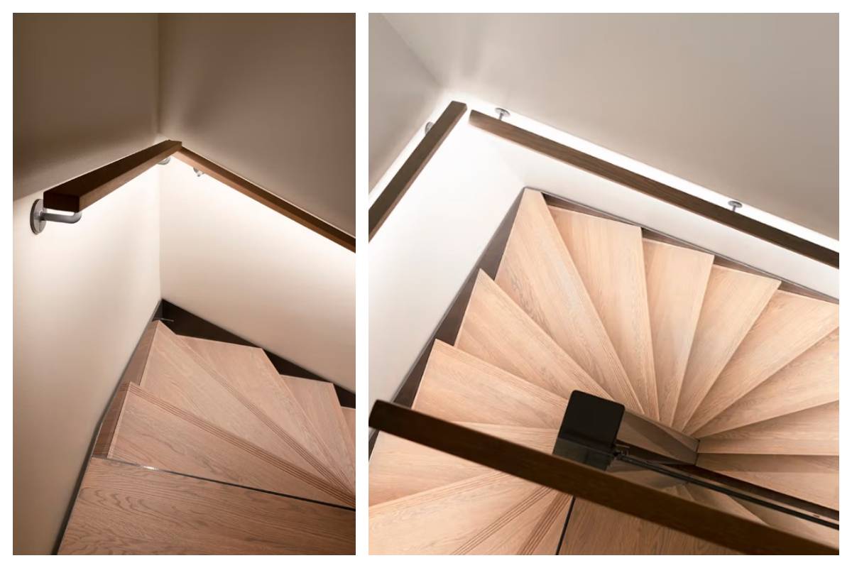 Escaleras de madera con barandillas metálicas, vistas desde arriba y desde el lateral: un moderno esquema de iluminación de LedStore.fi resalta este elegante detalle en la casa de la familia Kaitamäki en Espoo.