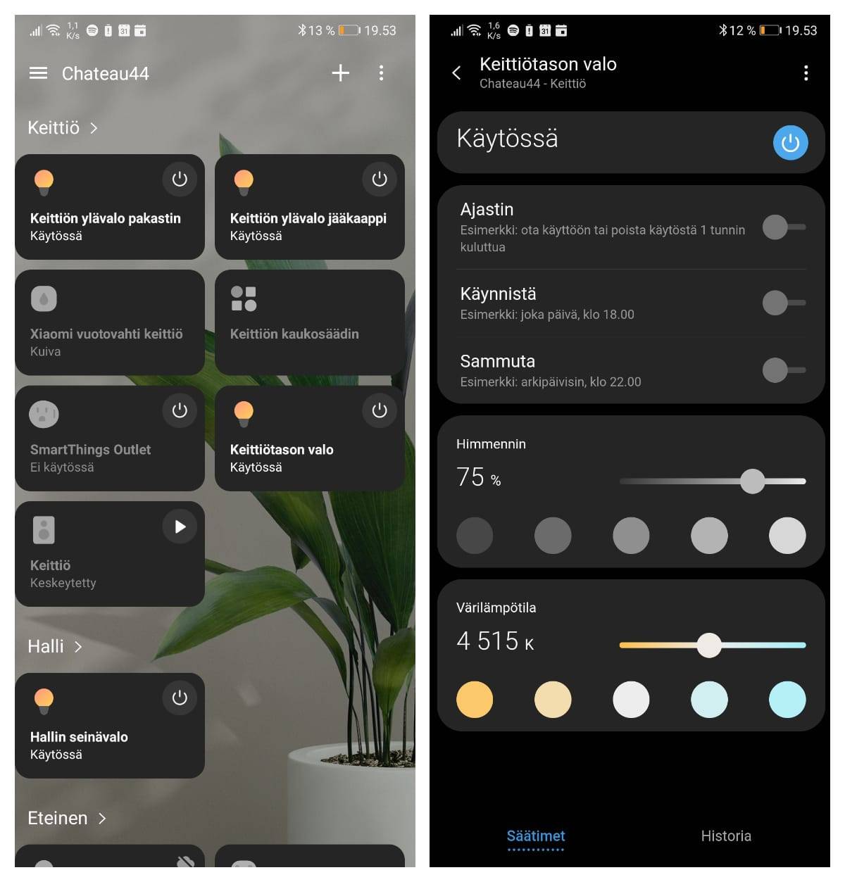 Un ejemplo de la interfaz de iluminación de Samsung Smart Things. A la izquierda, los dispositivos Zigbee de la cocina en una vista y a la derecha, las interfaces de control y temporización de la luz de la cocina.