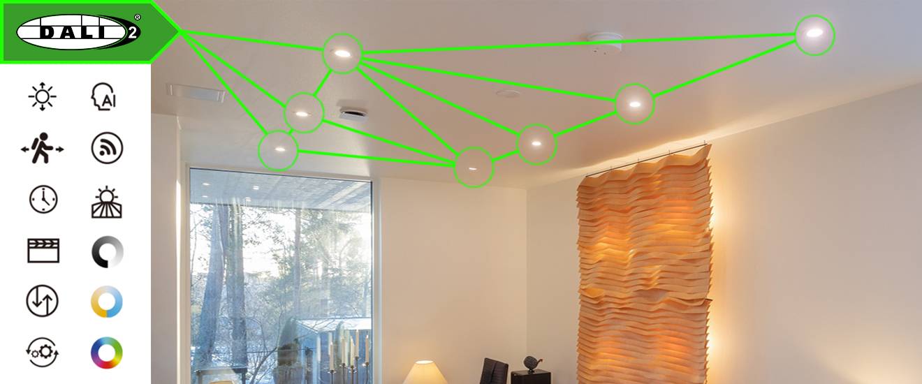 Instalación simplificada: el control de la iluminación DALI en el hogar inteligente es cada vez la elección de más personas LedStore.fi ofrece iluminación LED de alta calidad para el salón moderno, donde las luces del techo también están conectadas mediante líneas verdes. Los iconos de la izquierda representan diversas funciones del hogar inteligente, como la iluminación, la conectividad y la automatización. Los paneles de pared y los grandes ventanales complementan el diseño interior.