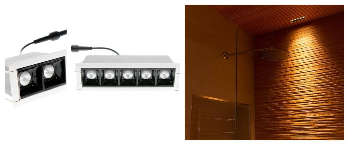 Primer plano de dos lámparas de techo LED rectangulares con varias bombillas en el lado izquierdo. A la derecha, la ducha moderna cuenta con una pared marrón texturizada, una ducha de lluvia superior y una luz de techo LED similar para crear un ambiente cálido. ¡Echa un vistazo a soluciones de iluminación similares en la tienda online LedStore.fi!