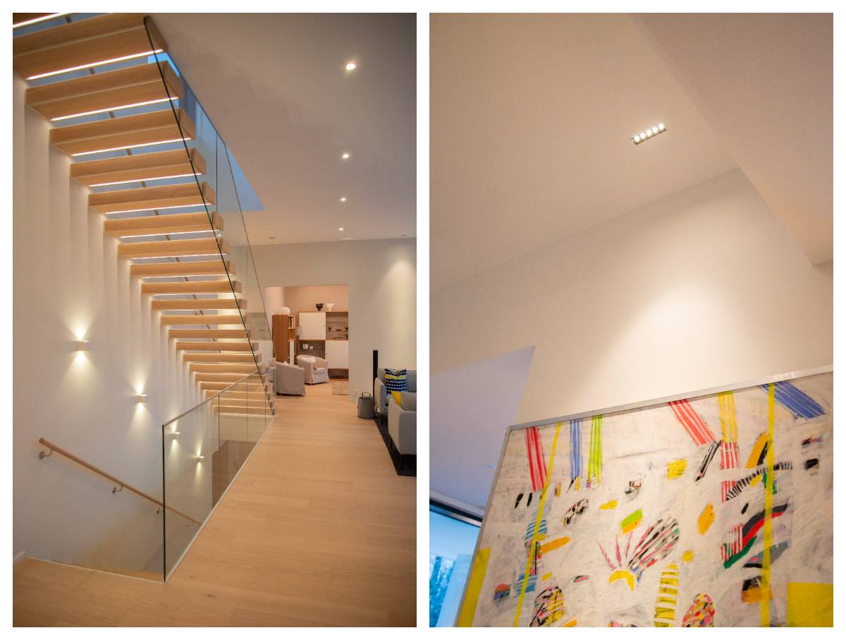 Iluminación interior con luces LED en la imagen de la izquierda en el pasillo con focos, apliques en la escalera con lámparas Cúbicas en dos direcciones. En la imagen de la derecha, un foco de línea resalta el cuadro. 