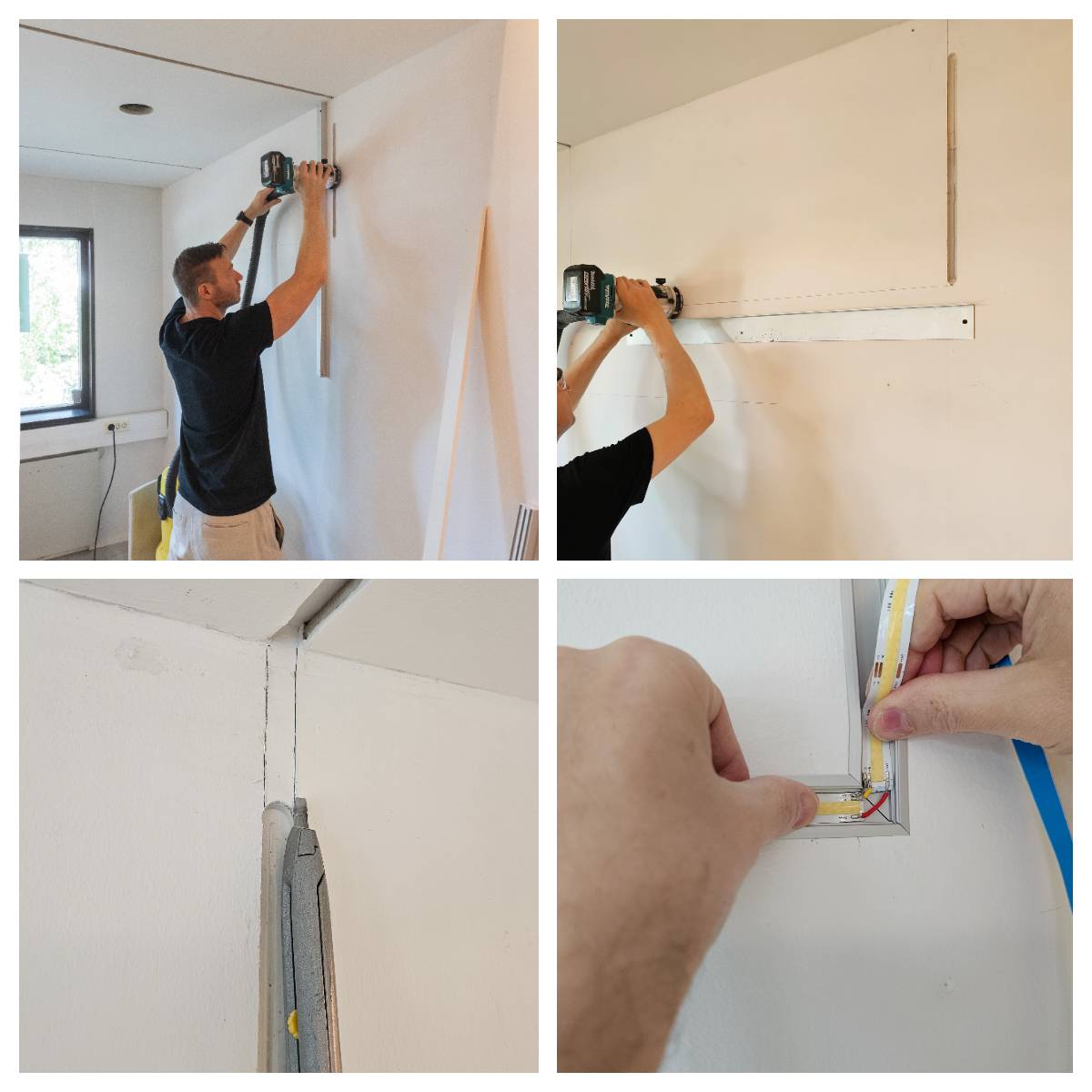 Se fresaron ranuras rectas en la pared para la tira de luz y el perfil enrasado.
