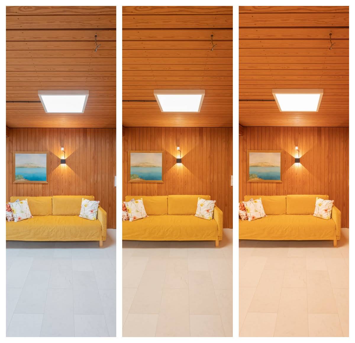 En una habitación con paneles de madera, los tonos de la madera, así como el tono del suelo renovado, cambiarán drásticamente dependiendo del tono de luz blanca que ajustes desde los paneles. LedStore.fi
