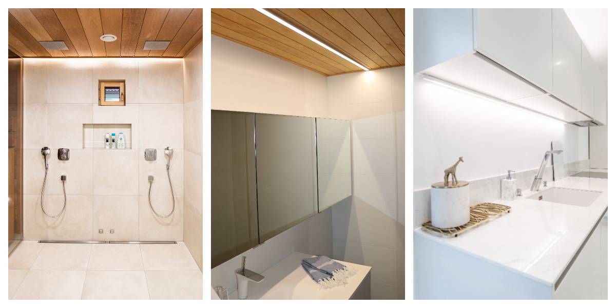 La tira de leds proporciona regulación inalámbrica con atenuación TRIAC. Entre sus aplicaciones se incluyen la iluminación ambiental indirecta en el baño, la iluminación de techo sobre el espejo del aseo y la iluminación de encimeras en la cocina. 
