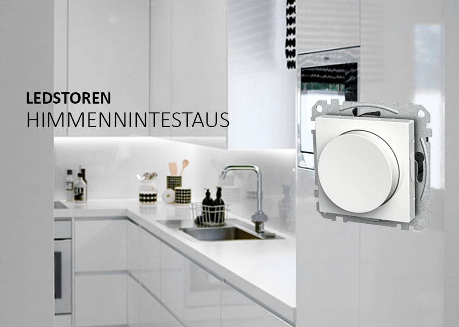 Cocina moderna con armarios blancos; gran regulador circular en la parte delantera para controlar la iluminación LED, con el texto "LEDSTOREN DIMMING SET" a la izquierda.