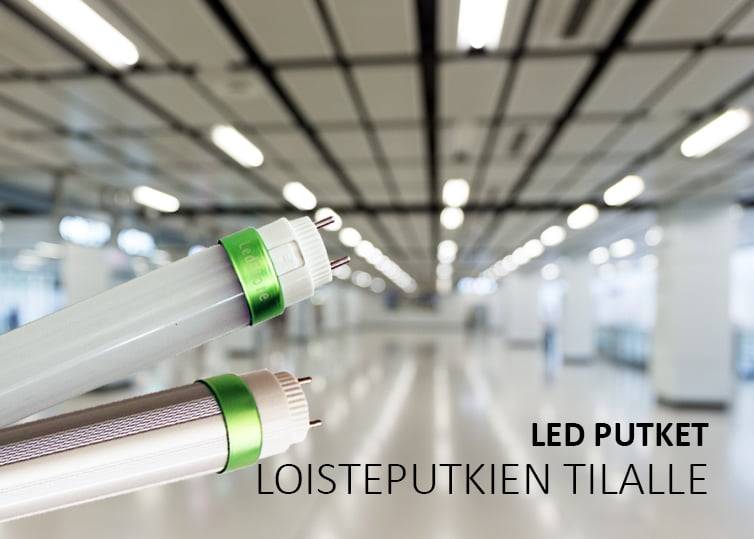 Tubos LED para sustituir a los tubos fluorescentes Dos tubos de LED con acentos verdes contra una habitación poco clara y espaciosa con techo de celosía; texto en inglés "LED TUBES FOR LIVE TUBES.