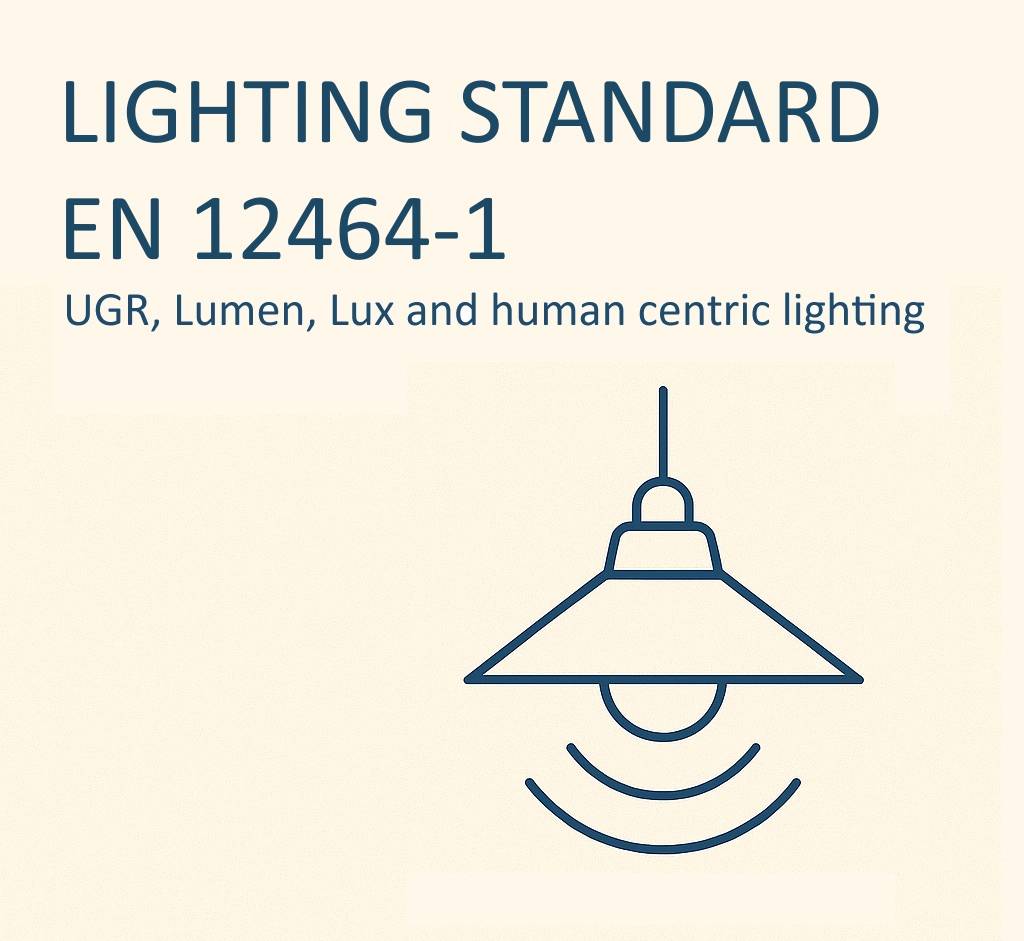 Dibujo lineal de la lámpara de techo LedStore.fi con los textos EN 12464-1, iluminación centrada en el ser humano, UGR, lúmenes, lux.