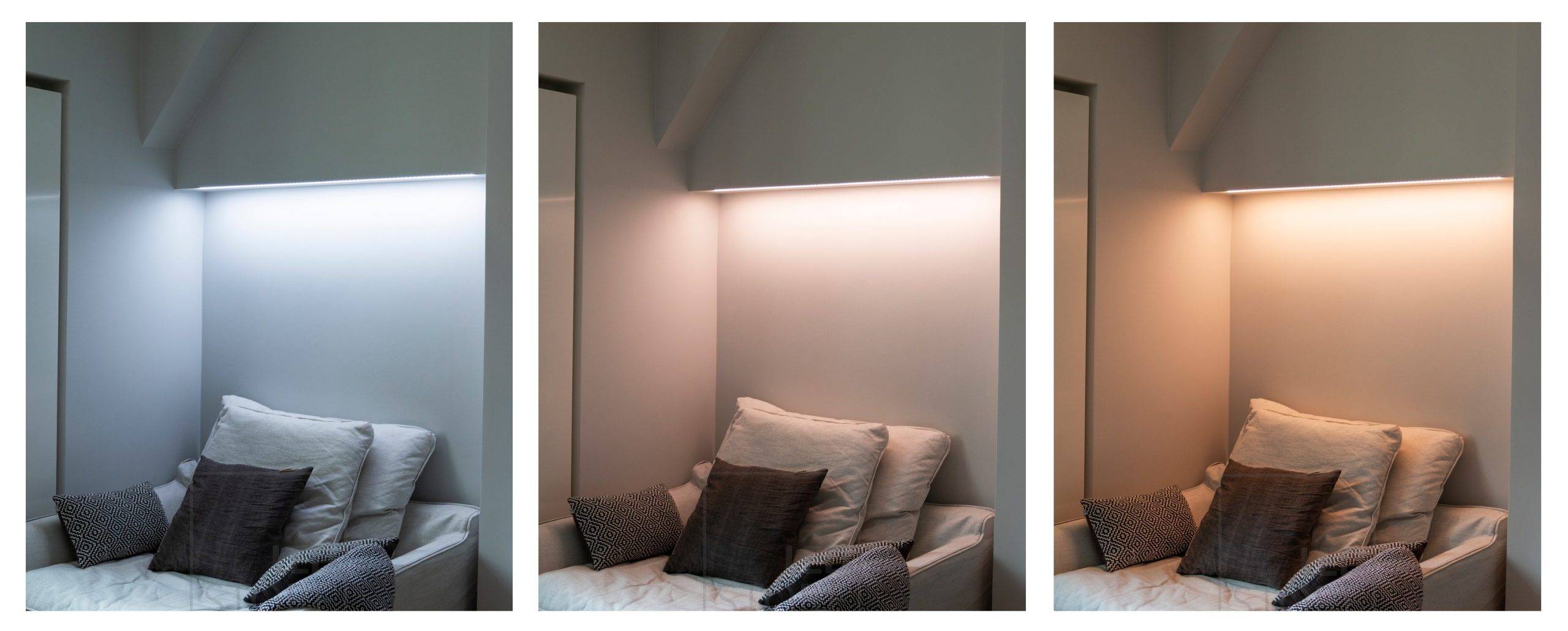 Diseño de la iluminación del dormitorio, tiras de LED con control de temperatura seleccionadas para el rincón de lectura