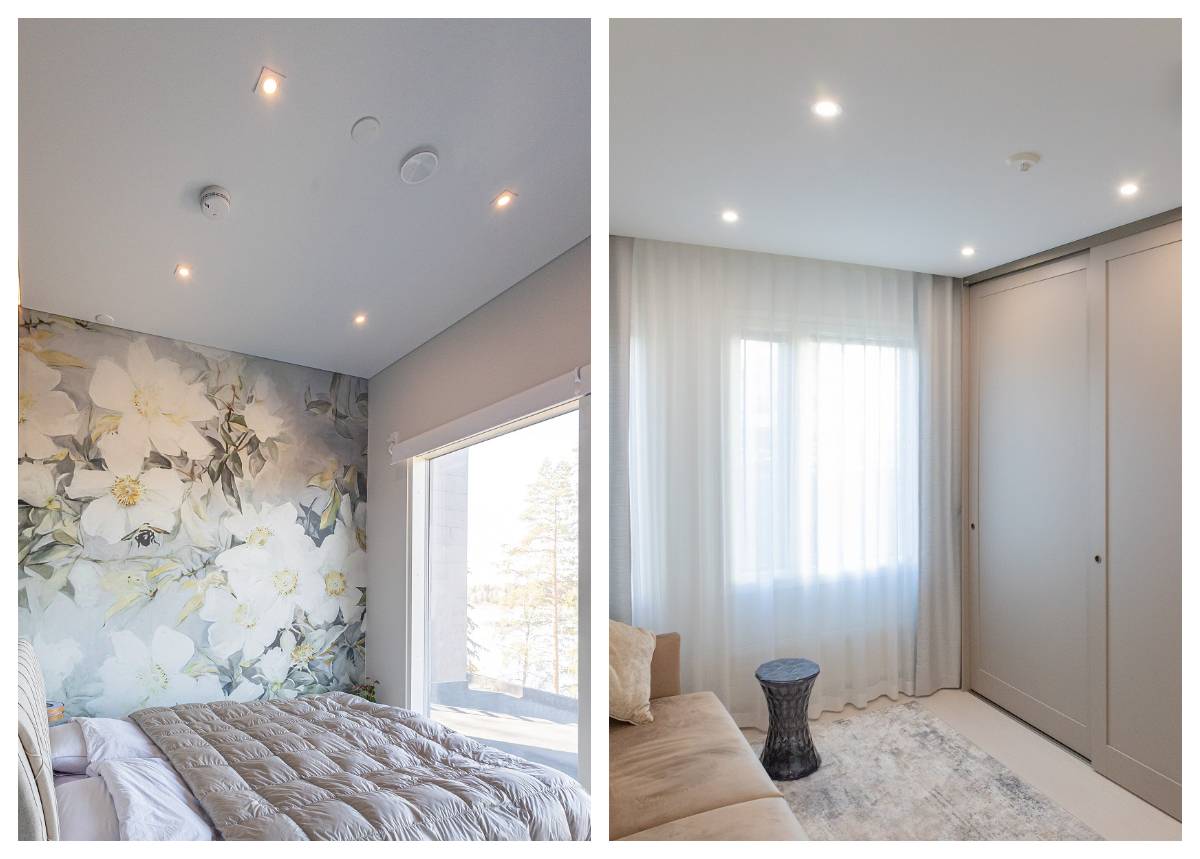 Los focos led en el dormitorio son una solución funcional, aquí se muestran cuatro focos empotrados simétricamente en el techo con control de la temperatura del color y atenuación.