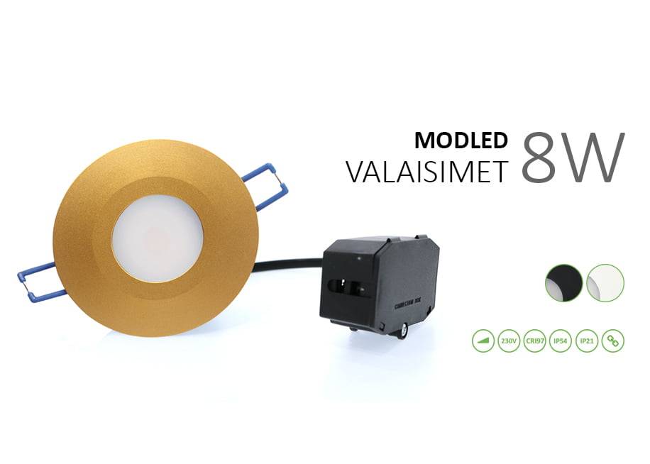 Luminaria LED redonda de color dorado "MODELED LIGHTS 8W" con fuente de alimentación negra, 230 V, CRI95, con clasificación IP44/IP21 para estilo y funcionalidad.