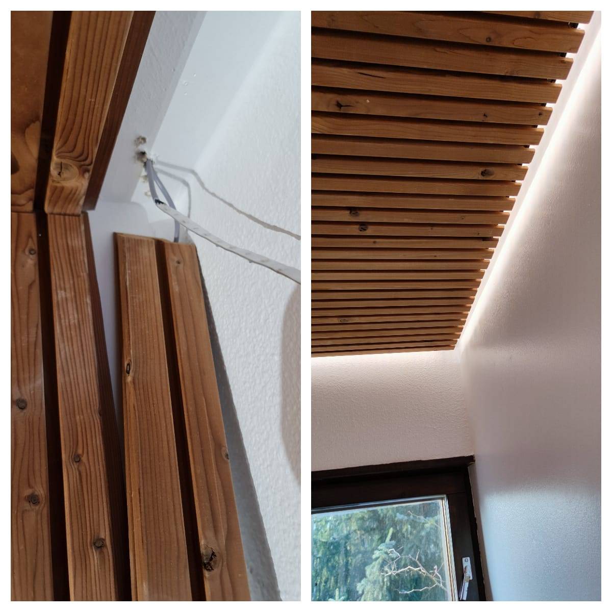 Instalación de paneles y tiras de LED e iluminación acabada en el techo con tiras de LED fijadas a un perfil de aluminio negro.
