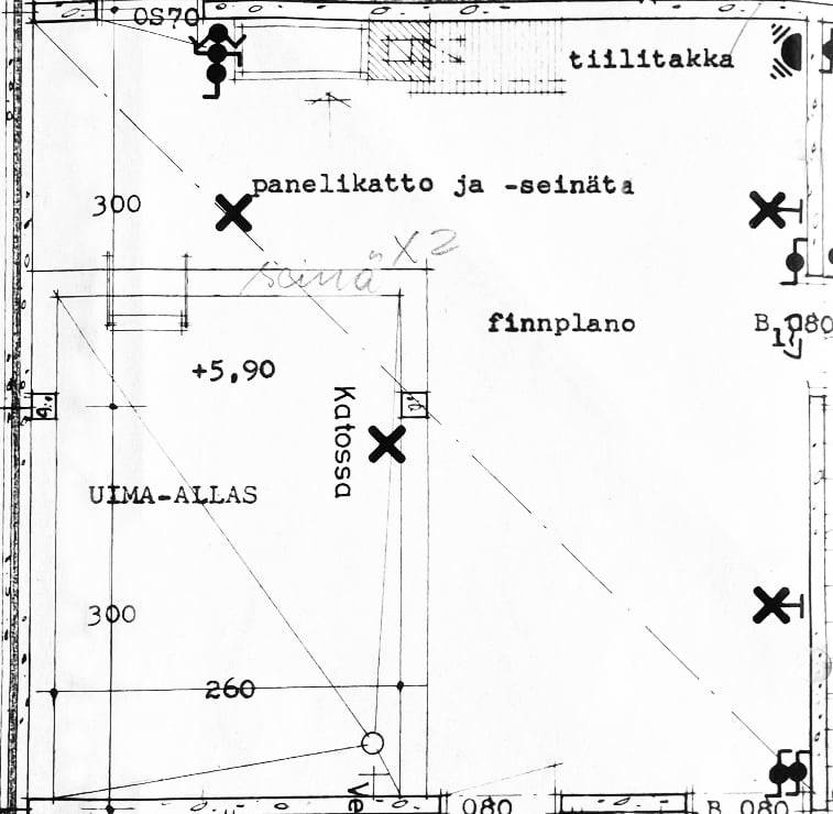 Plano del lugar antes de la renovación. Había cuatro puntos de iluminación. LedStore.fi