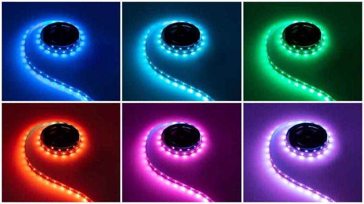 Seis tiras de luces LED: azul, azul claro, verde, rojo, rosa y morado.